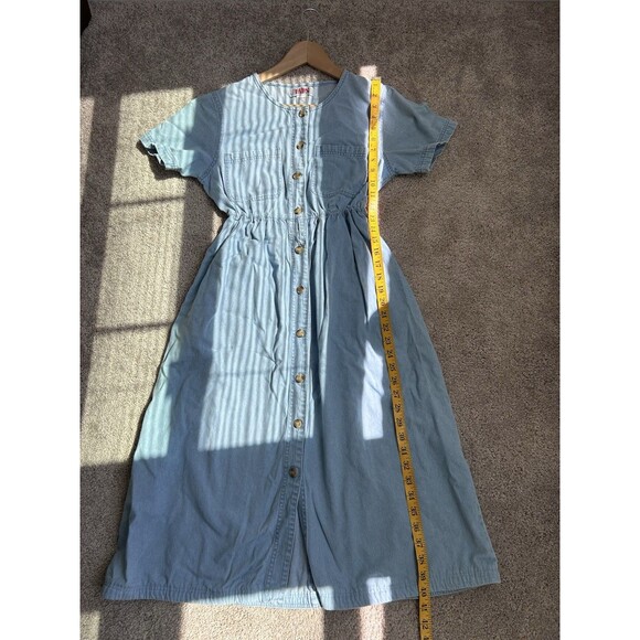 Vintage Fads Short Sleeve Button Down Denim Midi Dress Cottage Core Size PM - Picture 9 of 10